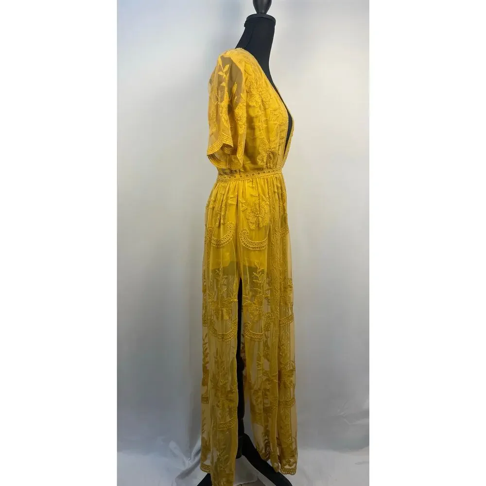 Wild Honey Mustard Yellow Lace Sheer Maxi Romper Size S - Picture 7 of 15